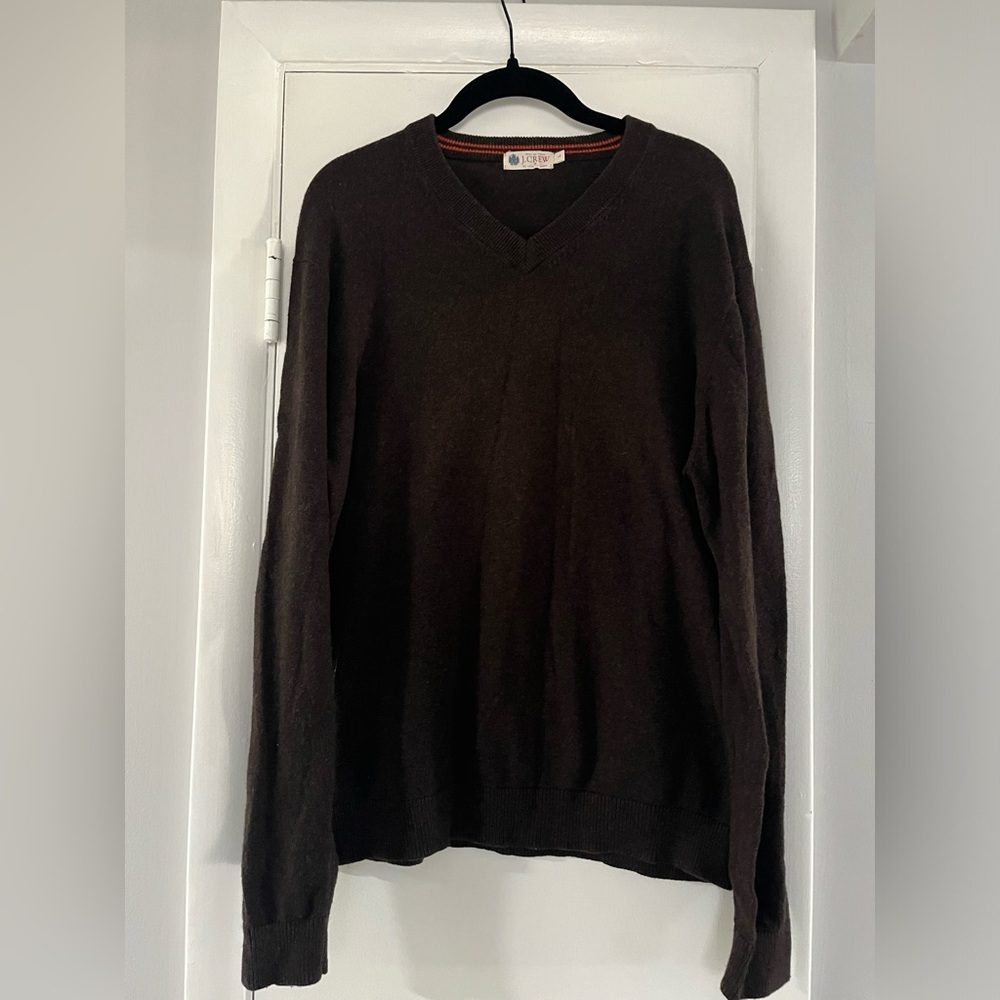 J. Crew Cashmere Cotton Blend Men's Dark Brown V-Neck Sweater Preppy Large